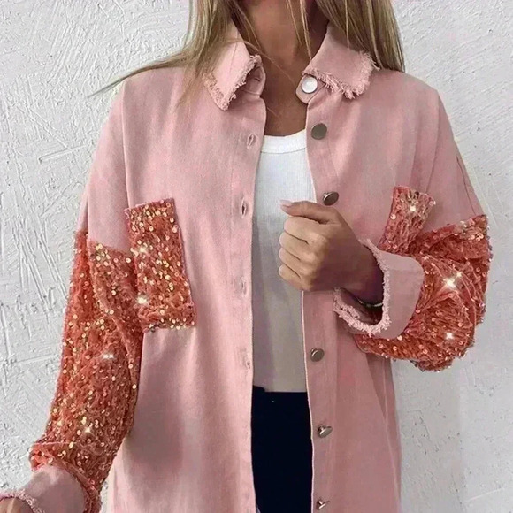 Baby Pink Party Women's Turn-Down Collar Contrast Sequin Raw Hem Button Shacket - Picture 5 of 5
